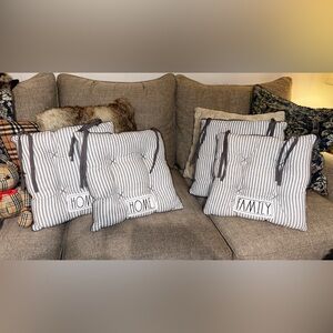 Rae Dunn Set of 4 Chair Cushions HOME/FAMILY gray/white striped 17x17